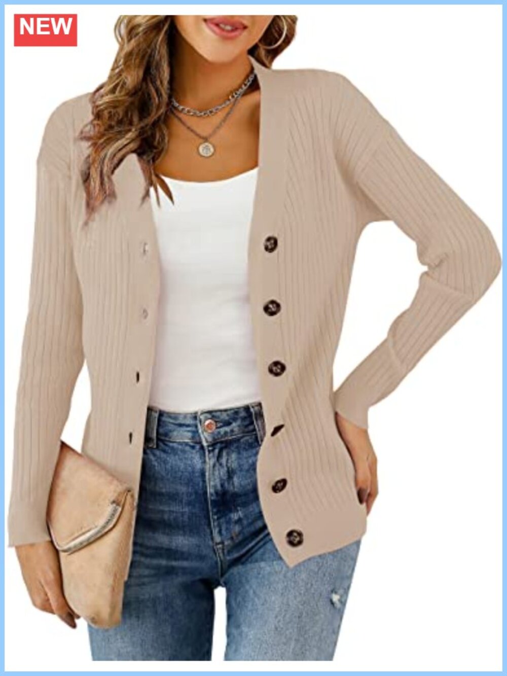 Rib Knit Button Front Cardigan V-Neck Long Sleeve Slim Fit Lightweight